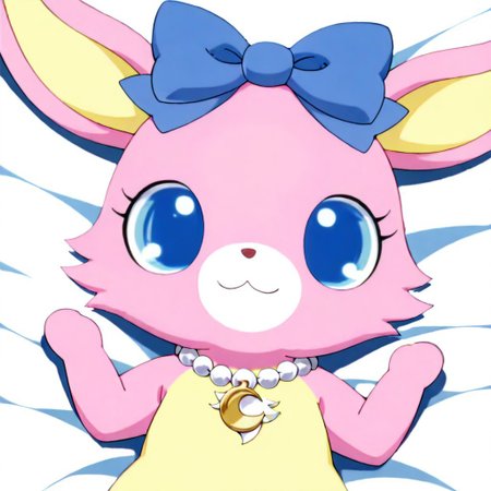1 girl,luna (jewelpet),luna,jewelpet, furry, no human, pink fur,blue eyes, ((yellow chest tuft)),rabbit,jewelry,centered hair bow,necklace,neck white pearl necklace,neck blue crescent moon-shaped moonstone, on bed, lying, 
masterpiece, best quality, amazing quality