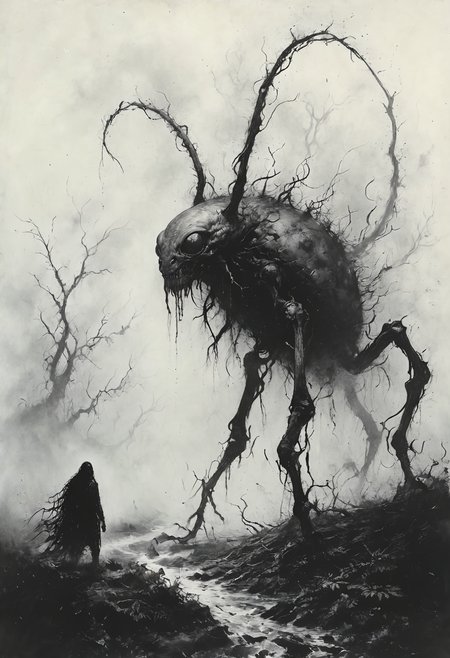 (masterpiece, best quality, hyper detailed, ultra realistic, 32k, RAW photo), masterful painting in the style of Anders Zorn | Marco Mazzoni | Yuri Ivanovich, Todd McFarlane, oil on canvas, perfect composition and chiaroscuro by Rembrandt, concept art by Mariusz Lewandowski, by Louis Aston Knight, by Karine Eibatova, by John Howe, by Jessica Rossier, by JarosÅaw JaÅnikowski, by Inessa Garmash, by HenriÃ«tte Ronner-Knip, by Harumi Hironaka,famous artwork inspired by (igor sid:1.2) and (swoon:1.3) and (winona nelson:1.4), detailed expressive eyes, fantasy style, (fractal art:0.4), beware this otherworldly glowing invertebrate abomination aptly named "frantic doodlezoink" with its countless legs, this exotic and deadly poisonous creature roams the bioluminescent hurlydurlshroom forests and foggy prodimanting jungles of its alien world "quizznof iv", where gigantic gobblefunk and towering trees infroggle the ground <lora:Desolation:0.8> <lora:add-detail-xl:0.8>