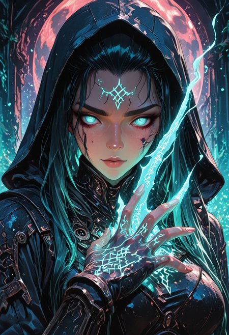 (masterpiece), (best quality), (8k), 1girl, portrait view, glowing spell in hand, magical glyphs, glowing runes, runic tattoos, cinematic lighting, soft glow on face, floating particles, mystical blue light, long flowing hair, arcane armor, glowing eyes, calm expression, powerful presence, magical energy swirling, hood pulled back, winter ruins background, red moon behind, high detail face, chest-up shot, large breasts, hands holding a spell, magic in hands, 
Looking at viewer, ((Front View)), Detailed face, face detail, face focus,
