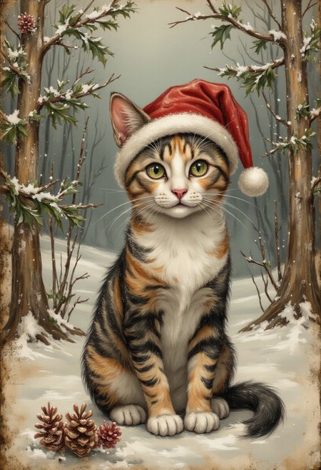 A photo-realistic depiction of a slender, calico cat with a mix of white, orange, and dark black fur, sitting serenely in a snowy pine forest, surrounded by towering trees with snow-covered branches, and a gentle dusting of snow on the forest floor, with the cat wearing a miniature, crimson-red Santa hat, its bright, curious eyes gazing directly at the viewer, its whiskers twitching slightly, its fur fluffed up against the cold, its ears perked up and slightly tilted, conveying a sense of playfulness and festive cheer.  aidmavintagechristmaspaper