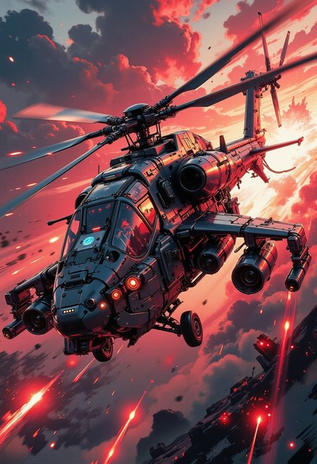 in the style of ck-mgs, A digital artwork in the style of cknc, a futuristic, highly advanced attack miliatary helicopter flying rapidly through the sky, motion blur on the propellor blades. The fuelage is made of a dark gunmetal alloy and  the cockpit shows glowing led lights, the powerful jet thrusters have large air intakes.  The sky has dark clouds, and is a surreal red, sunset