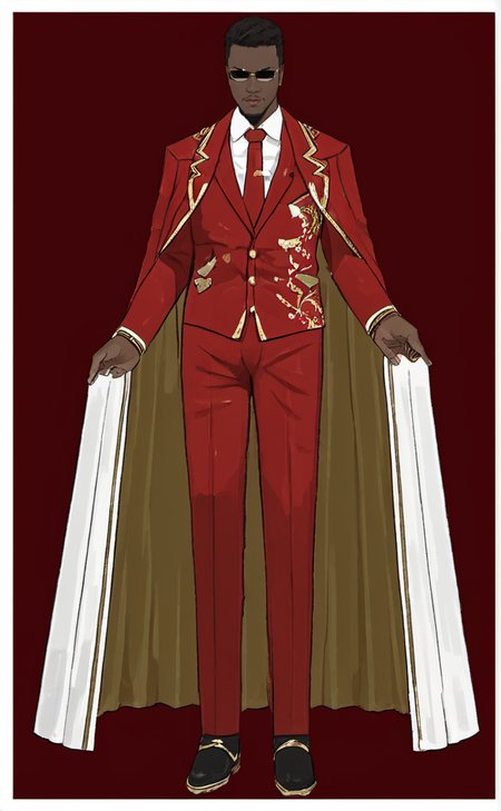 A man in a red suit and white tie<lora:LibraryofRuina:1>