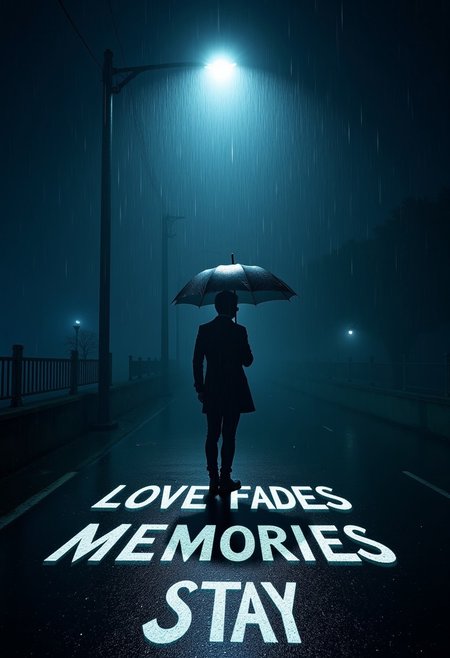 A figure with an umbrella stands under a rainy street lamp and “Love Fades, Memories Stay” is projected on the wet asphalt. aidmaTextImprover,