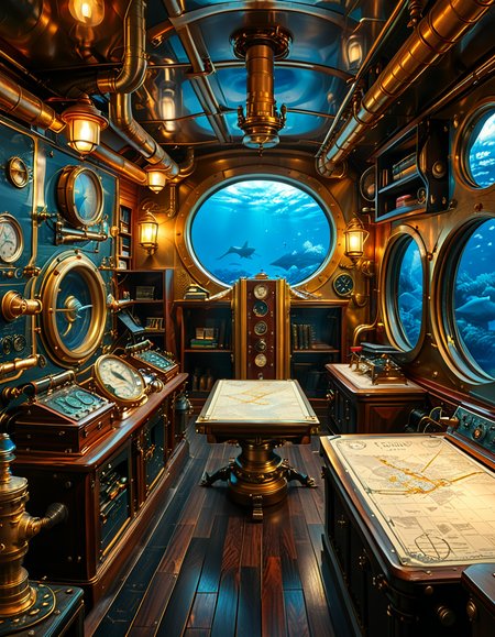 A stunning and intricate view of the interior of the Nautilus submarine, inspired by Jules Verneâs steampunk aesthetic. The room is a mix of Victorian elegance and advanced 19th-century marine engineering. The walls are lined with riveted brass and copper pipes, with intricate pressure gauges and mechanical levers. A massive, round glass porthole offers a breathtaking underwater view of deep-sea creatures swimming in the dark abyss. The warm glow of antique oil lamps and gaslights illuminates the space, casting soft golden reflections on the polished mahogany furniture and ornate brass railings. A large wooden desk is covered with old nautical charts, compasses, and a logbook filled with Captain Nemoâs notes. In the background, a library with leather-bound books and scientific instruments is neatly arranged on wooden shelves, emphasizing the scholarly and adventurous nature of the vessel. The ambiance is a perfect fusion of mystery, science fiction, and vintage maritime beauty, evoking a sense of wonder and deep-sea exploration.<lora:SDXLFaeTastic2400:0.4> <lora:extremely_detailed:0.4> extremely detailed, <lora:Nautilus_subm4r1n3:1>,Nautilus subm4r1n3, Masterpiece,best quality,hi res,8k,hi res,8k,award winning,(sharp focus, intricate, highly detailed),