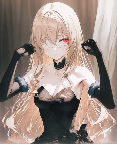 masterpiece,best quality,very aesthetic,absurdres, artist:gomzi,artist:wanke,
1girl, noel cerquetti, red eyes, blonde hair, long hair, medical eyepatch, left eye covered,
black eyepatch, black dress, lace-trimmed bustier, black choker, black bow, fur-trimmed gloves, elbow gloves, strapless,
black pantyhose,
 <lora:noel_cerquetti.noobaixl:1>