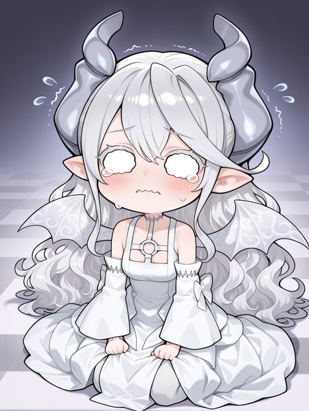 demon girl,lovely labrynth of the silver castle,1girl,solo,very long hair,tears,blush,transparent demon wings,wavy mouth,closed mouth,chibi,o o,wavy hair,white detached sleeves,white o-ring dress,stitches,checkered floor,
masterpiece,best quality,amazing quality,very aesthetic,absurdres,newest,<lora:Lady Labrynth of the Silver Castle illuXL v1:0.75>,stitches,