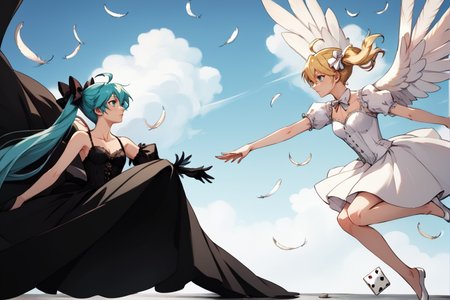 source_anime, beautiful faces, details, manga, Creationofadam, 2girls, miku hatsune, ahoge, aqua eyes, aqua hair, crossed bangs, hair between eyes, hair ornament, long hair, twintails, Victorian-style gown, high lace neckline, puffed sleeves, long fitted sleeves, corset bodice, full flowing skirt, elegant patterns, floral embroidery, velvet, buttoned front, lace-up back, vintage fashion, black dress, dark dress, long black gloves, antique design, hair flowing, rin kagamine, blonde hair, blue eyes, hair bow, short hair, angel wings, large wings, white dress, poker face, looking at each other, cowboy shot, side shot, sky background, (falling_feathers_background1:1.5), rock floor, <lora:rin-kagamine-ponyxl-lora-nochekaiser:1>, <lora:miku-hatsune-ponyxl-lora-nochekaiser:1>, <lora:Creationofmeme:1>, <lora:ReColi Manga:1>, score_9, score_8_up, score_7_up,
