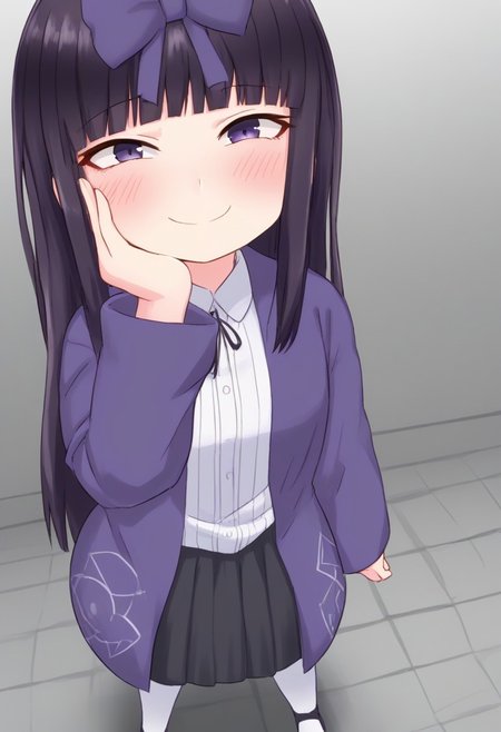 standing, smile, blush, shunga, white clothes, purple coat, short female, short female, one hand on own face, short female, from above