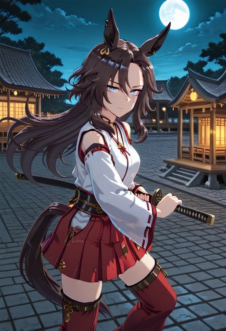score_9,score_8_up,score_7_up,source_anime,anime coloring,   , masterpiece,best quality,amazing quality,1girl,solo,
hakama skirt,miko, Shrines, tree,Stone pavement, lanterns, , shoulders,wind flips up  skirt,
, tile roof, wooden house, Japanese-style house, shrine,
<lora:battoujutsu-stance-illustriousxl-lora-nochekaiser:1>, battoujutsu stance, looking at viewer, holding, weapon, sword, holding weapon, holding sword, standing, katana, sheath, sheathed, fighting stance, ready to draw
,(serious),Night, full moon, glowing blue eyes,
,,look viewer,,(mini skirt),red skirt,
speed symboli\(umamusume\), horse ears, ear ornament, horse tail,pendant choke