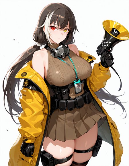 Volumetric Lighting, (masterpiece), (best quality), (ultra-detailed), masterpiece, source_anime, score_9, score_8_up, score_7_up BREAK, illustration, disheveled hair, detailed eyes, perfect composition, moist skin, intricate details, detailed eyes, detailed face, detailed fingers BREAK, heterochromia, red eye, yellow eye, black hair, low twintails, streaked hair, white hair,large breast BREAK, RO635mod3, mod3_belt_pouch, mod3_knee_pads, mod3_thigh_holster, mod3_thighs_straps,mask around neck, mod3_sleeveless_sweater, mod3_skirt, mod3_lanyard, mod3_id_card, mod3_jacket, off-shoulders, mod3_over-kneehighs, mod3_gloves, RO_megaphone BREAK, ((white background)),looking at viewer, standing,shadow, holding weapon, gun, holding gun, submachine gun,holding megaphone