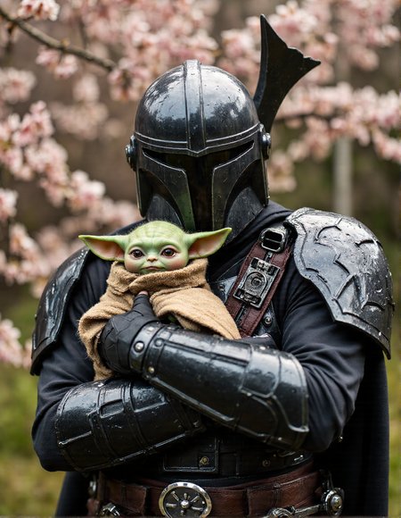 A Mandalorian warrior, clad in a fusion of traditional samurai armor and futuristic Mandalorian gear, stands amidst a serene Japanese garden. The warrior is wearing a clean and sharp dark helmet with a T-visor. shiny armor with reflection, exuding both strength and calm. In his arms, he gently holds and hugs a cute Baby Yoda, whose wide eyes gaze up in curiosity and trust. Cherry blossoms frame the scene, their delicate petals contrasting with the warrior's imposing figure and adding an elegant, serene atmosphere to the tender moment, moody, artistic shot, epic, unique angles and pose, <lora:- Flux1 - soothing_atmo_V2.0:0.4>, <lora:aidmaHyperrealismv0.3:0.8>, <lora:Dark Cinematic:0.8>