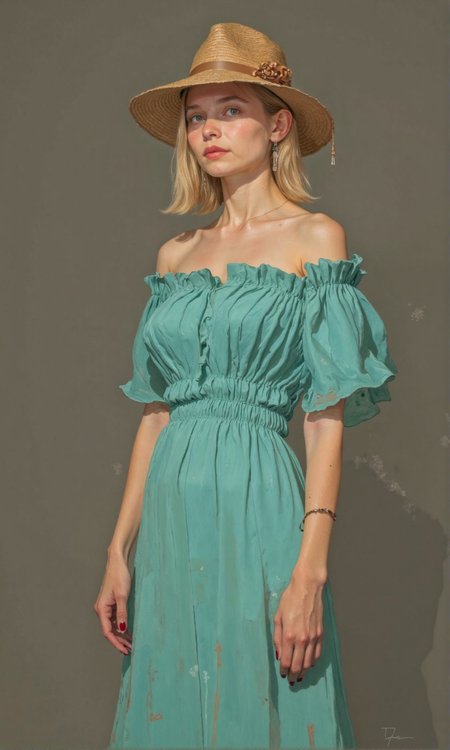Full shot of a blonde woman wearing a light teal-blue, off-the-shoulder, midi-length dress with a ruffled top.
The woman is positioned slightly angled toward the camera, her expression neutral and her gaze directed forward. She is wearing a light beige or tan straw-like hat with a light brown or beige band. Her hair is shoulder-length and light blonde, styled straight.  Her nails are a deep red.
The dress features a ruched, layered off-the-shoulder neckline with two tiers of ruffles. The fabric of the dress appears structured and slightly form-fitting below the ruffles, creating a midi length. 
The background is a plain, muted gray-brown tone. The lighting is even and highlights the woman's features and the texture of the dress without harsh shadows.  A discreet bracelet is visible on her left wrist., <lora:FLUX-daubrez-DB4RZ-v2:1> DB4RZ, DB4RZ style painting