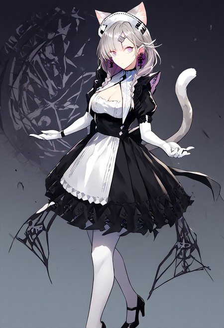score_9, score_8_up, score_7_up, score_6_up, score_5_up, score_4_up, source_anime, 1girl, solo, 
KazemaruMAID, animal ears, grey hair, cat ears, cat tail, cat girl, extra ears, purple eyes, blunt bangs, maid, maid headdress, black dress, puffy sleeves, hairclip, cross earrings, twin braids, breasts, cleavage, earrings, elbow gloves, jewelry, white gloves, white pantyhose, high heels, black footwear, 
masterpiece, best quality, very aesthetic, absurdres,