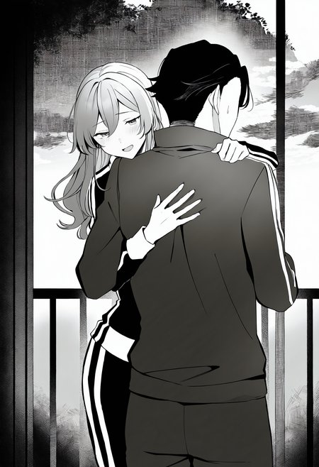 masterpiece, best quality, <lora:age_slider_v4:4>,detailed_background,outdoors,long sleeves,breasts,hug from behind,1girl,track suit,height difference,greyscale,absurdres,1boy,open mouth,monochrome,blush,short hair,height,yunamaro,large breasts,sweat,highres,long hair,hug