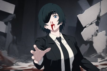 5fingers,1girl,blood,eyepatch,himeno \(chainsaw man\),solo,nosebleed,black hair,necktie,shirt,short hair,black necktie,collared shirt,white shirt,looking at viewer,reaching,reaching towards viewer,blue eyes,blood on face,blood from mouth,suit,jacket,formal,one eye covered,upper body,ruins,detail eyes,one hands,empty sleeve,
<lora:FractionalSaturation-NOOB05-ADAM:1.2>,masterpiece,best quality,amazing quality,very aesthetic,highres,absurdres,
<lora:Chainsaw man animation style-NOOB05-lokr-000024:0.8>,fs,