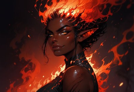 score_9, score_8_up, score_7_up, solo, elf, large breasts,  (big lips:0.6), smirk, forest fire, teasing, night, ethereal, freckles, glowing hair, flame clothing, magical clothing, dark skin, perfecteyes, orange eyes, 1dk, sexy, braless,  burnt skin, charred, evil, burning tree