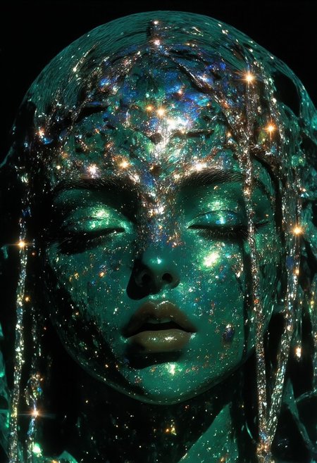 A enchantress materializes, her sad eyes are shattered emeralds. A tattered veil clings to her skin, casting an eerie silver glow. Chrome splinters crown her head, diamonds flashing like fireflies on a summer's night. A bejeweled latticework sprawls across her face, silver chains and diamonds glinting with manic light. Amidst this maelstrom, she remains serene, her gaze a cold, dark mirror reflecting the viewer's soul. A siren's call, beckoning deeper into the madness, her presence a whispered secret in the velvet darkness.