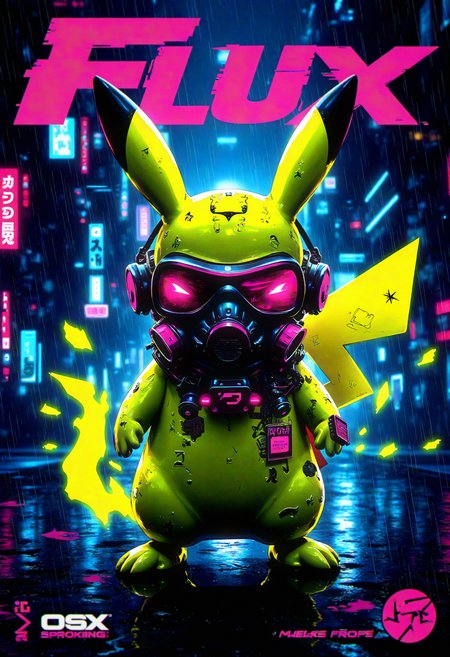 sign that reads "FLUX Cyberpunk Poster," bo-cpposter, high-contrast digital illustration, cyberpunk Pikachu, wearing a gas mask, glowing neon yellow fur, cybernetic enhancements, futuristic city backdrop, rain-soaked streets, neon blue and pink highlights, dark atmosphere, dystopian urban setting, sci-fi vibes, neon reflections, dynamic lighting, cyberpunk portrait. , <lora:Flux\boFLUX Cyberpunk Poster.safetensors:1.4000000000000001:1.4000000000000001>