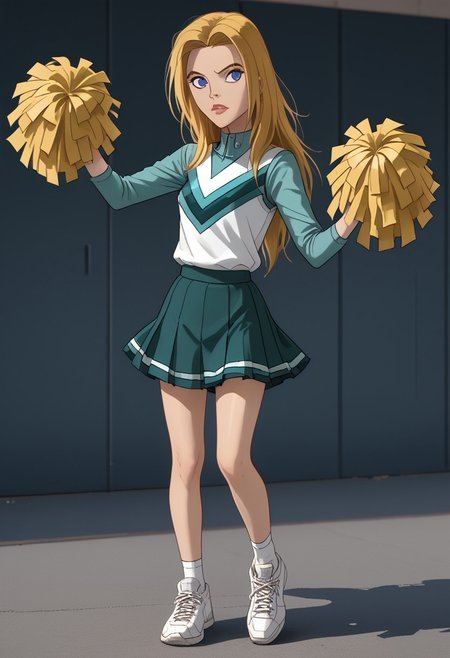 score_9, score_8_up, score_7_up, source_cartoon, highly detailed, intricate detail, high quality, HD, 8k, award-winning, masterpiece, (full body), ((2d)), ((cartoon)),
((standing in a sports ground, cheerleading)), diffuse lighting, ((perfect face, detailed face)),
((portrait photo)),
1girl, solo, ((female focus)),
((spectspmansallyavril, blue eyes, blond hair, long hair, parted hair, cheerleader uniform, shirt, skirt, short skirt, sneakers)),