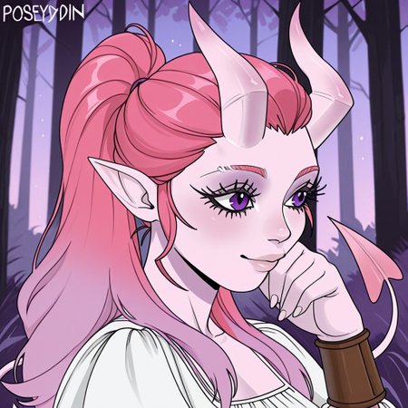 rlstyle, easynegative, poseydnd,, 1girl, pink hair with purple gradient, poseydnd, ponytail, purple eyes, white blouse, brown bracers, tiefling, pointed ears, pink horns,straight horns, demon horns, tail, pointed ears, long pink hair, pink hair with purple gradient, long lashes, thick lashes, pale pink skin, thin tail, pink tail, imp tail, light colors, pastel colors, purple gradient in hair, portrait, outdoor background, forest background