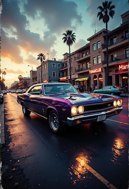 A nostalgically crafted relic of the past, a meticulously restored deep Monochrome pearlescent classic 60's muscle car cruises through the dusk streets with an intimidating elegance. The vintage vehicle gleams with a lustrous sheen, showcasing its aerodynamic lines and sharp accents as it cruises along the asphalt. This evocative scene is captured in a vividly detailed oil painting, where every brushstroke highlights the car's classic styling and pristine condition. Impeccably rendered, this image transports viewers to a bygone era of automotive luxury and style. secretlab