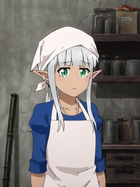 karla,  elf,  solo, head scarf, apron, indoors, neutral expression, from the front, 
 <lora:Karla_Dony_Hurt_Me_My_Healer__Kono_Healer_Mendokusai:1>