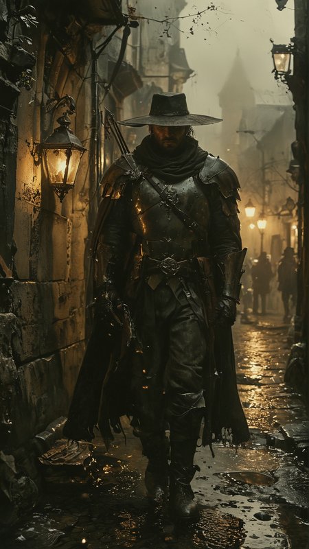 A dark fantasy scene featuring a French hunter in medieval-inspired armor, standing confidently in the dimly lit streets of Paris. The hunter has a rugged appearance, with a cloak made of dark leather and a crossbow slung over his shoulder. His face is partially shadowed by a wide-brimmed hat, and his piercing eyes gleam with determination. The cobblestone streets are wet from recent rain, reflecting the eerie glow of flickering lanterns. The architecture around him is Gothic, with tall, narrow buildings and intricate ironwork. The atmosphere is thick with fog, adding to the mysterious and ominous ambiance of the scene.
<lora:add-detail-xl:2> <lora:MJ52:0.5> <lora:ink-style_A3.1_XL:0.66> (ink-style, ink_wash_painting) <lora:zavy-cntrst-sdxl:0.6> <lora:Dark Fantasy:0.1>