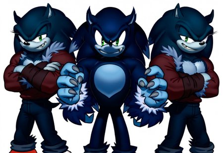 sonic with his arms crossed, fully body view, 1boy, smirking,  Sonic the werehog, muscular, and standing by AmyRose, looking at viewer, smile, hands up