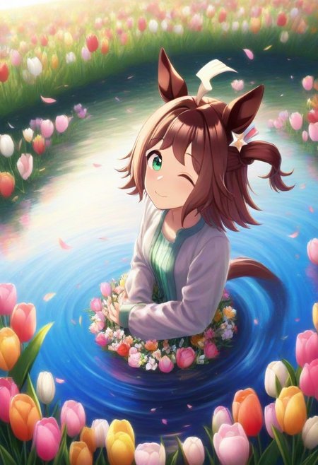 (umamusume, rhein_kraft_(umamusume), horse_ears, horse_girl, tail, 1girl, ahoge, animal_ears,)
casual, Tulip,Tulip flower, Tulip flower_field, 
head_wreath, looking_at_viewer,  solo, aesthetic, absurdres, symmetric , , g0ldsw0rthy,
(realistic, photo,  artistic, medium_hair, one_eye_closed, petals, relaxing, smile, spiralling vortex made of multicoloured tulips, lush foliage sunrise,  ripples, reflective, jaynl-tm, rainbow,green_eyes, hair_between_eyes, hair_ornament,  : 0.7)