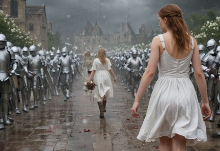 1 girl with an army of knights.
(happy little girl in clean white dress) runs with a white flower in her hand towards background (facing away) from camera. back turned.
(The Army of Knights is covered with blood and wounds), marching from right to left in background.
Masterpiece, DonMSt34mPXL, Realistic Lightning, Cinematic Lightning, Dark Lightning, Rain, Puddle, Clouded Sky, medieval, fantasy, pedestrians, Cape, Reflection, 1girl, army
