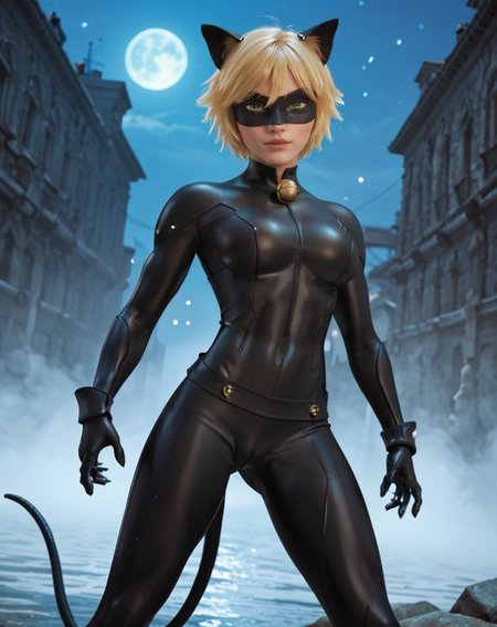 score_9, score_8_up, score_7_up, detailed, burly, muscular, beautiful details,  cat girl, blonde hair, green eyes, mask, cat ears, animal ears, ripped bodysuit, bell, tail,  <lora:Cat_Noir__Miraculous_Tales_of_Ladybug__Cat_Noir_:0.8>, big breasts, (night), cameltoe