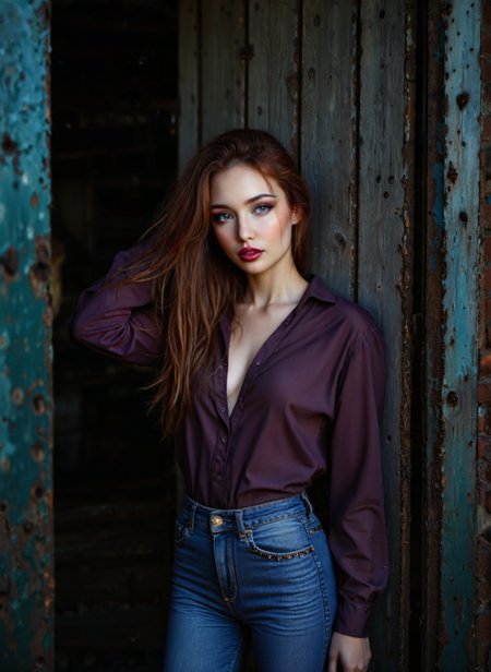 cinematic film still a young woman standing in front of a wooden door. She is wearing a purple button-down shirt and blue jeans. Her long red hair is styled in loose waves and falls over her shoulders. She has a serious expression on her face and is looking directly at the camera. The background is dark and the lighting is soft, creating a moody atmosphere. The door appears to be old and weathered, with peeling paint and rust visible on the wood. The overall mood of the image is mysterious and edgy. Shallow depth of field, vignette, highly detailed, high budget, bokeh, cinemascope, moody, epic, gorgeous, film grain, grainy. <lora:add-detail-xl:.5>  <lora:Flux-style-xl-lora:.5>