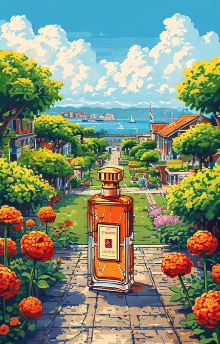 masterpiece,best quality,<lora:tbh15-sdxl:0.9>,illustration, A bottle of perfume in garden