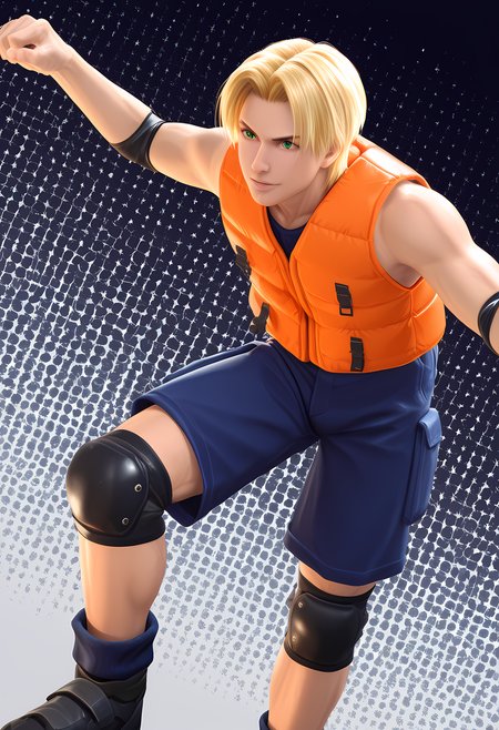 masterpiece, best quality, amazing quality, dutch angle, abstract background, BREAK
solo, male focus, 1boy, vf_l10n, blonde hair, short hair, green eyes, orange vest, blue shorts, black knee pads, BREAK
 <lora:cfg_scale_boost:.6>  <lora:Lion_Rafale_-_Virtua_Fighter_-_ILXL:1>