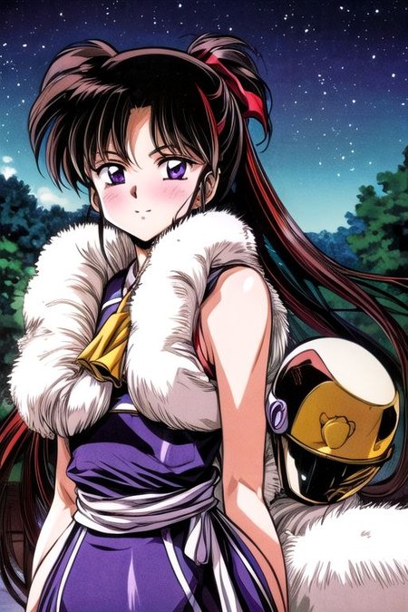 best quality 1girl Setsun4 solo long hair,  (night time) forest background black hair very long hair purple eyes multicolored hair armor, small, (fur trim) (medium body),<lora:EMS-179-EMS:0.800000>,<lora:EMS-293862-EMS:0.800000> bow, hair_bow, hair_tubes, red_bow, brown_hair, long_hair, bangs, ascot, frilled_bow, yellow_ascot, blush, smile, hair_between_eyes, athletic, armor, miko, strengthmda,  Smiling, happy, dragoon helmet, (helmet)