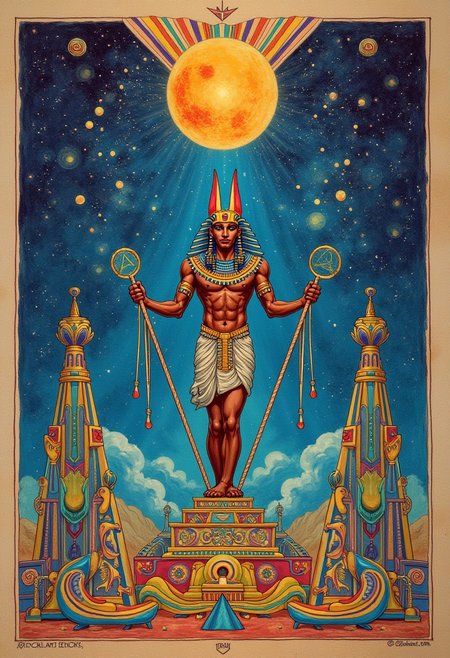 a drawing of Lunar Anubis, Egyptian psychadelic journey, a pharoh having a psychadelic vision, drinking from the tree of life, ((sigil of pyramid, sigil of great power, frames cube FancyTurning:1.5), (three planes) X Y Z in occult space, colorful psychedelic Egyptian themed trip, drinker of the fountain of life,