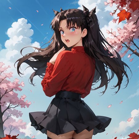 masterpiece,best quality, highly detailed, score_9, score_8_up, score_7_up, Expressiveh, tohsaka rin, 1girl, solo, from behind, looking at viewer, (wind), shiny skin, 
BREAK 
long hair, black hair, twintails, hair ribbon. blue eyes, wide-eyed, open mouth, surprised, embarrassed, full-face blush, floating hair, wavy mouth,
BREAK red shirt, long sleeves, narrow waist, miniskirt, black skirt, floating clothes, skirt lift, wind lift, skirt tug, v arms, ass, (buttplug), black thighhighs, 
BREAK outdoors, blue sky, leaf, petals, wind,