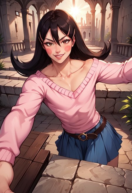 OkamaitachiOPM, 1girl, solo, otoko no ko, black hair, long hair, hair between eyes, hair ornament, hair clip, brown eyes, lips, blush stickers, collarbone, flat chest, boat neck pink sweater, long pleated blue skirt, belt, weapon, sabre, leather stiletto ankle boots,
seductive pose, sexy pose, tease,  in the spotlight,,
smile, ruins, selfie,
score_9, score_8_up, score_7_up, beautiful aesthetic, very intricate, high quality details,vibrant, highly detailed, award-winning, professional,anime artwork, anime style, studio anime, athletic, curvy body, athletic, looking at viewer, pinup pose, teasing, dynamic lighting, cinematic, smug, better than you, aura of temptation, highly detailed, high resolution, masterpiece, detailed clothes, detailed background, highly detailed, ((sound effects)) comic layout,