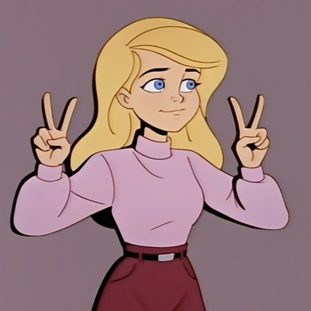 score_9_up, score_8_up, BREAK, Jiffy, 1girl, solo, blonde hair, long hair, blue eyes, pink turtleneck sweater, skirt, cowboy shot, <lora:Jiffy_MightyMax_PXL_Leaf1:1>, double v,