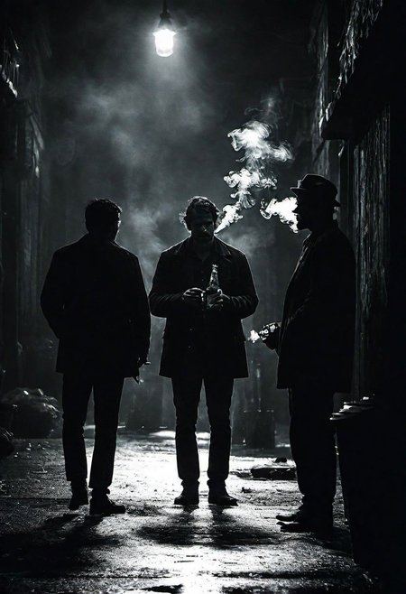 cinematic photo dark photo of a dangerous group of men smoking, drinking, and breaking bottles, on a dark city street, <lora:Into_Darkness:1>, 35mm cinematic, film, bokeh,  professional, 4k, highly detailed, 35mm photograph, film, bokeh,  professional, 4k, highly detailed