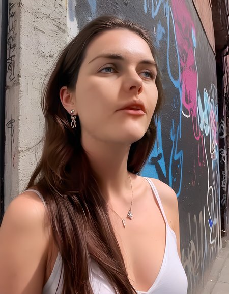 In a vibrant, sunlit urban alleyway adorned with graffiti art, the enigmatic M1GM1K, a woman of striking beauty, stands against a stark white wall. Her long, dark brown hair cascades down her back, framing a face accentuated by delicate earrings and intricate jewelry. The camera, positioned at an angle to capture the dynamic setting, focuses on her closed mouth, emphasizing the sultry allure of her crimson lips, as she gazes into the distance with a mysterious air.