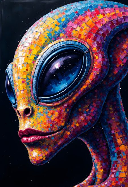 cinna flow, mosaic of a strange friendly alien monster in neon colors, Paul Klee, Howard Finster, hyperrealistic