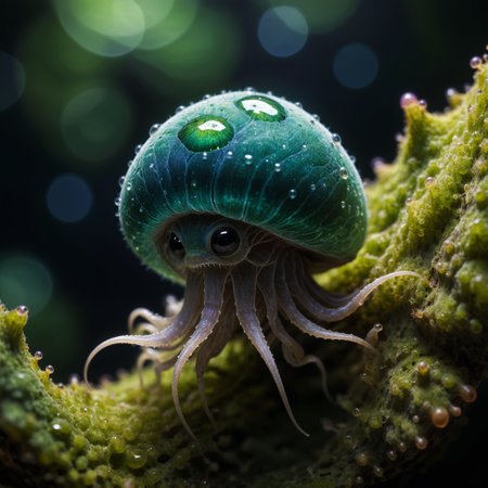 <lora:add-detail-xl:2.4> <lora:xl_more_art-full-xl:0.6> <lora:lyco-style-envydramaticlightingxl01_digital_art-xl:0.4> award-winning macro photo by (mika asai:1.2), chiaroscuro, rim lighting, dappled light, the (diminutive:1.4) jolly doodlewoozle is a (colorful:1.2) quirky and enigmatic mollusk that dwells in the canopies and florbyflunked curbletwist of the exotic alien world slormslug viii, where they harvest dimensiflored (spores and floating particles:1.2) for sustenance, emerald green and deep blue, ultra detailed, 8k, uhd