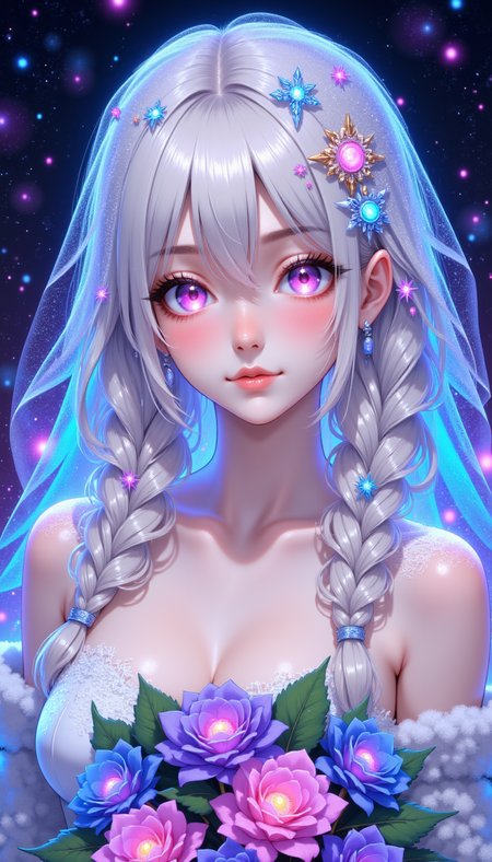 pinkmysticanime,
a woman wearing a veil shimmering with the colors of the northern lights. Her snow-kissed lashes and frosty lips create a soft, romantic aura, and her bouquet of glowing ice roses adds a touch of ethereal beauty.
