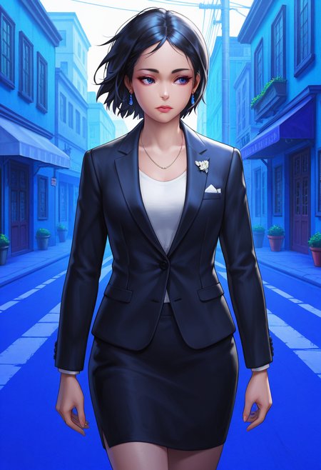Graphic Design, color art, vibrant colors, colorful, intricate details, high contrast, detailed background, beautiful detailed, beautiful face, detailed eyes, detailed face, new, k4r1n4, 1girl, solo, jewelry, short hair, earrings, black hair, formal clothes, suit, pencil skirt, street, walking, dynamic pose, cowboy shot, wind, (masterpiece, best quality, newest, recent, absurdres),