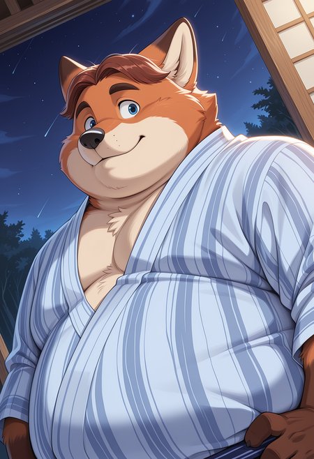 masterpiece, best quality, amazing quality, dutch angle, abstract background, BREAK
solo, 1boy, furry male, zoo_gg, fox boy, fox ears, blue eyes, brown hair, fat, overweight, yukata, japanese clothing, fox tail, upper body focus, BREAK
<lora:cfg_scale_boost:.6>  <lora:Gideon_Grey_-_Zootopia_-_ILXL:1>