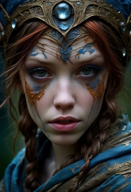 Close-up face, messy make-up, mysterious medieval girl in traditional clothing, goddess, alluring, by Minjae Lee, Carne Griffiths, Emily Kell, Steve McCurry, Geoffroy Thoorens, Aaron Horkey, Jordan Grimmer, Greg Rutkowski, amazing depth, double exposure, surreal, intricately detailed, bokeh,  perfect balanced, deep fine borders, artistic photorealism , smooth,  great masterwork by Suiras  <lora:add-detail-xl:2>  <lora:Double_Exposure:0.5>