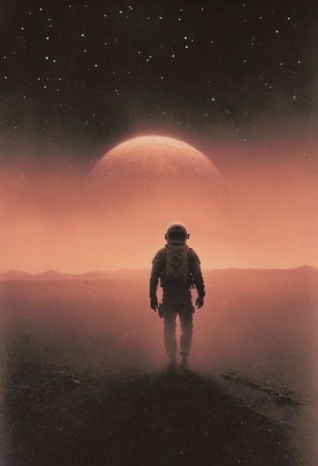 otherworldly, Hyper-Realism, Capturing the essence of a Vintage StarWars serenity, a breathtaking Shot while kaneda from akira as Spaceship Pilot, rearview, walks along a lone Desert Planet, graces the hyperpunk hyperspeed allure, Wrapped in a translucent pastel orange rebel pilot suit,  His walk resembling the joy of the moment against the backdrop of the translucent Blue Eclipse.r., Radiating with Neon Brightness. With Ultra Detailed Anatomy and Perfect Lighting, Every Detail Shines. From a Bright Sideview, the Scene Pops with Cinematic Atmosphere and black sand. Shot in UHD Quality, This Candid Moment Captures the Epicness and Vibrancy of the Moment. Explore the Depth of Field for an Eye-Catching Experience, Where Imperfections Add to the Natural Beauty.surrounded by a detailed monochrome spacescape with translucent dark-scarlet Highlights, hyper-detailed, sharp, high resolution, high quality, 32K, Ultra realistic, HD, super detailed, line art, abstract style