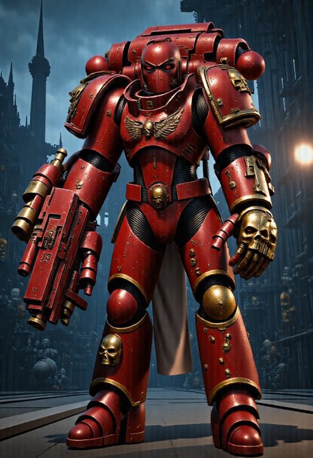 Score_9_up, absurdres, Source: GamesWorkshop, best quality, expressive eyes, perfect face, perfect hands, perfect anatomy, space marine, Deathwatch Astartes Chapter sergeant with large power fists, red astartes helmet, power armor, full body, volumetric lighting project unreal engine, mantisdetailerse, adddetails, DeathW40k, <lora:warhammerAdeptus_v1:0.7>,