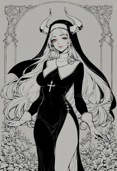 score_9, score_8_up, score_7_up,lineart, beautiful nun, red long hair, horns